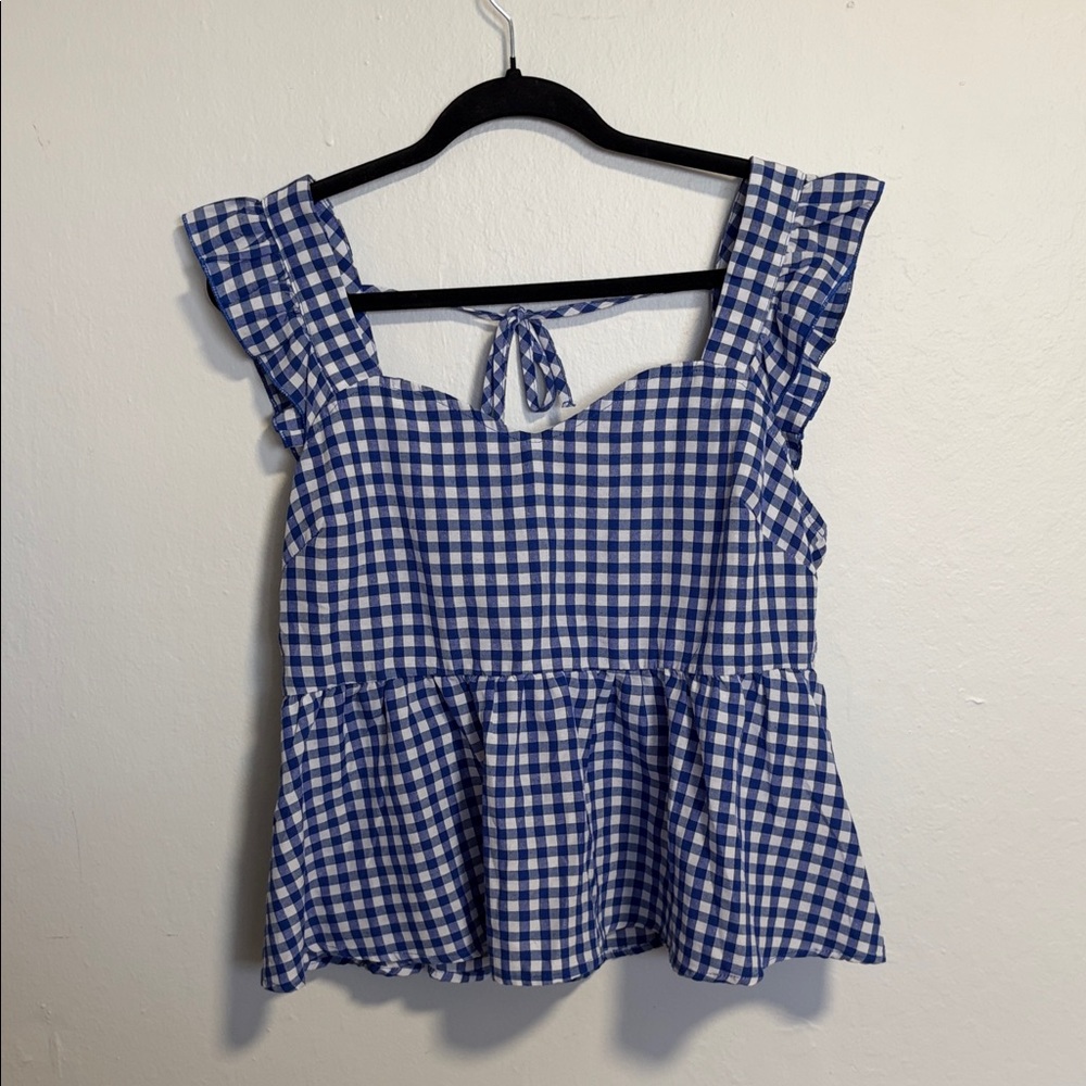 SHEIN Blue Checkered Ruffle Blouse
